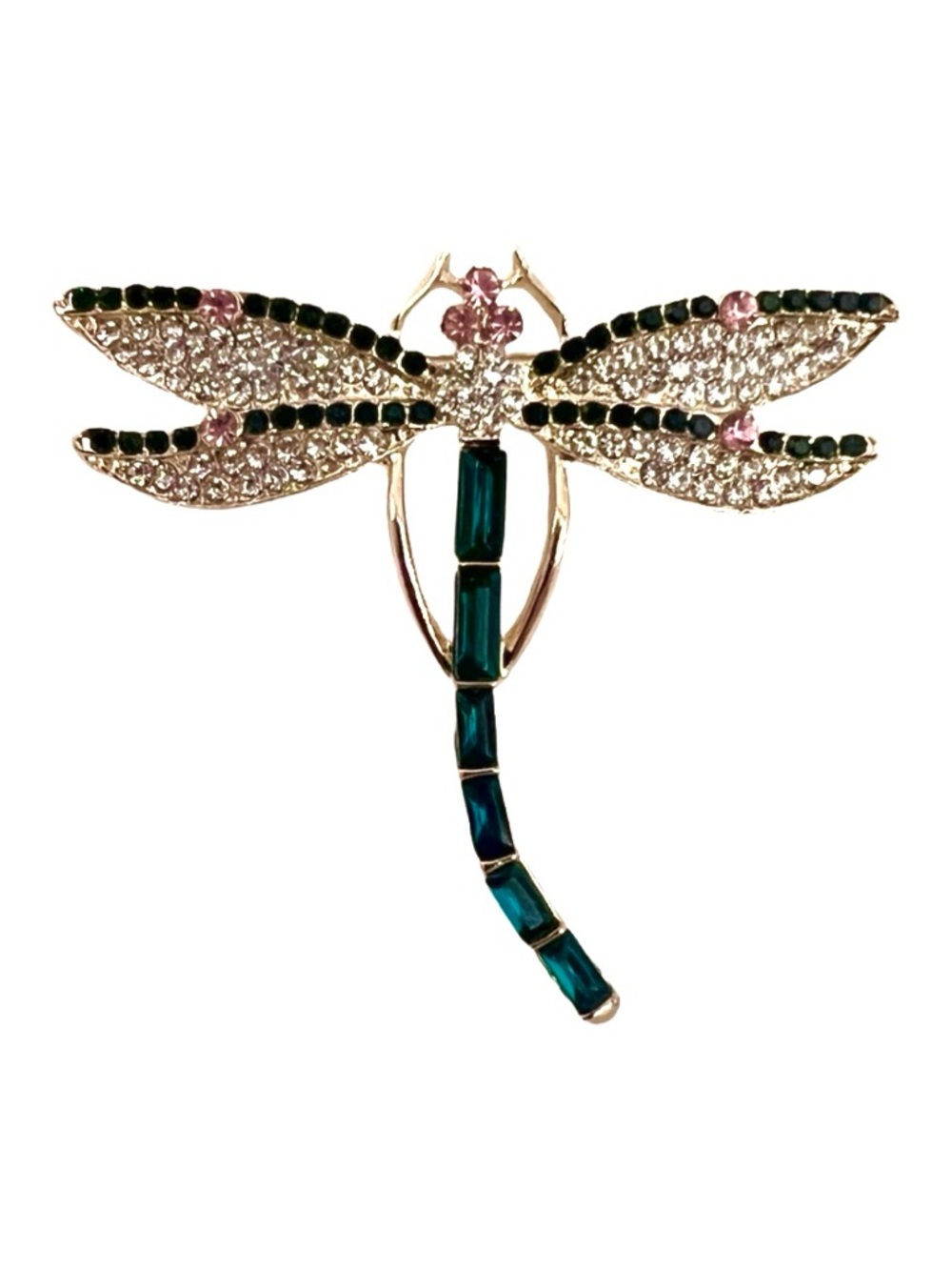 🧷Vintage Dragonfly Brooch on Gold-Tone Metal - Rhinestone and CZ